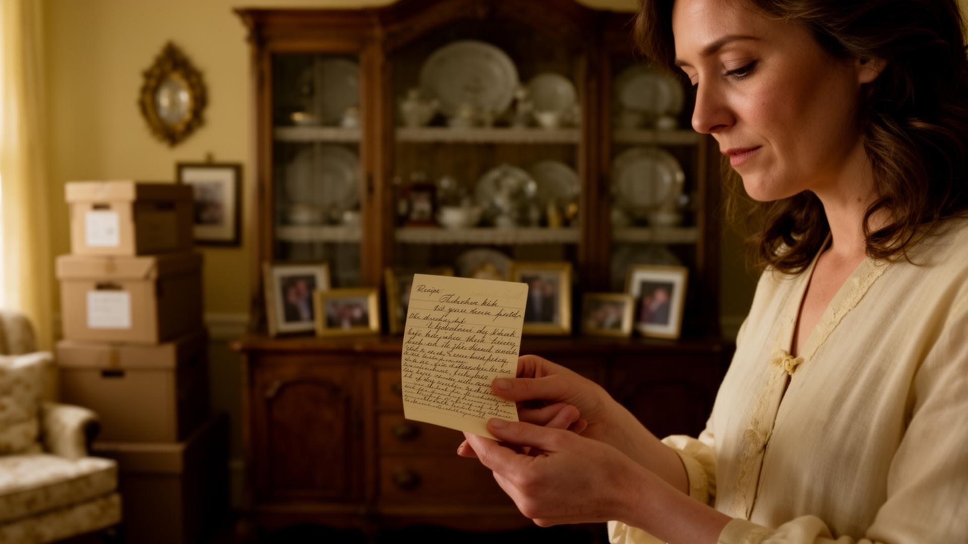 An adult daughter holding a handwritten recipe card in a softly lit room filled with vintage furniture, family photos, and boxes.