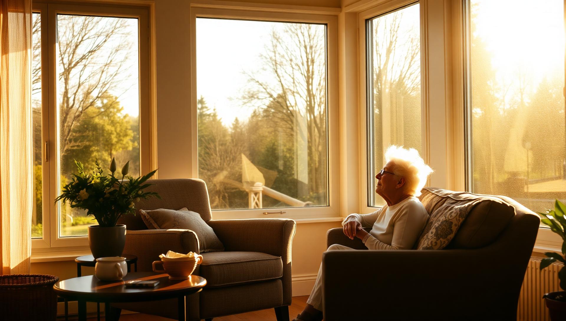 A retiree relaxing in a bright sunlit living room with brand-new large windows letting in golden afternoon light.